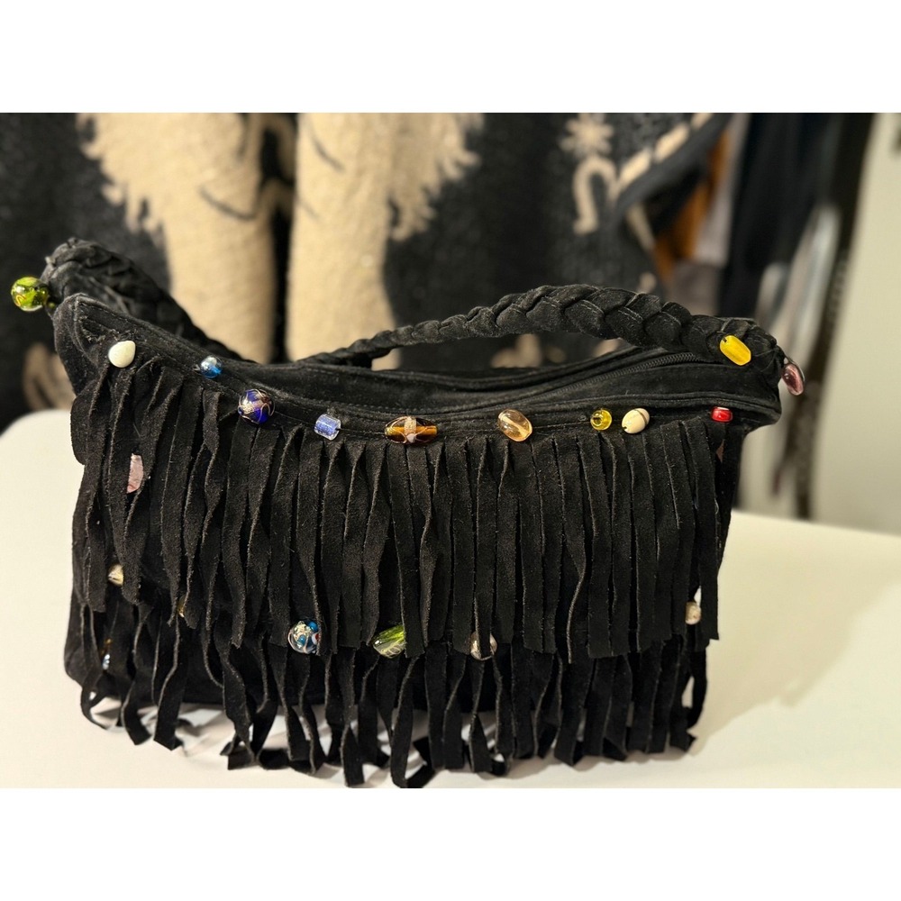10- Vintage Black Suede Fringe Beaded Boho Hobo Shoulder Bag